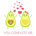 You complete me! Cute cartoon couple of avocado character in love. Vector isolated illustration on white background Royalty Free Stock Photo